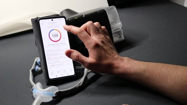 Male European with cpap machine checking therapy analysis via smartphone app or medical app for e-health check and health report via mobile device for health analysis innovative sleep apnea mask apps