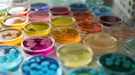 A variety of Petri dishes display vibrant cultures arranged neatly in a laboratory demonstrating the process of scientific research and experimentation