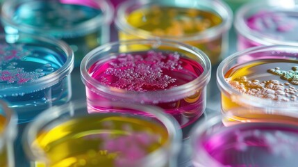 Various Petri dishes filled with vibrant microbial cultures are organized in a laboratory setting showcasing the results of experimental research in microbiology