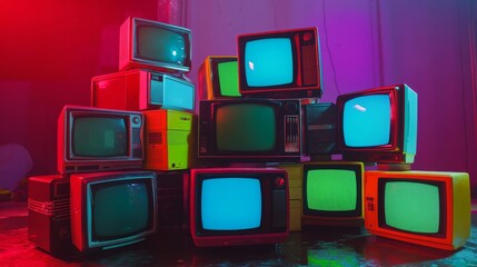 Pile of retro old TVs with different colors on a colorful background. 