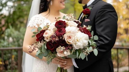 A bride in a white dress proudly holds a stunning bouquet featuring deep red roses, blush pink peonies, and burgundy orchids while standing next to her groom