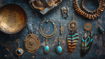 A flat-lay of boho-style jewelry, including feather earrings and turquoise rings, set on a rustic background.