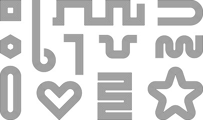 Line geometric arch and circle abstract shapes. Retro elements, vintage. Contemporary mid century line design set. Modern aesthetic stripes and grids.  vector illustration.