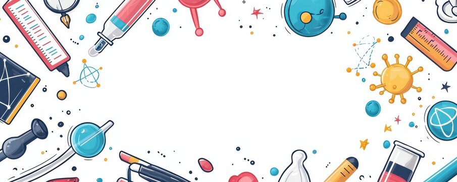Blank white page surrounded by illustrated scientific equipment and chemical elements in a colorful and creative design