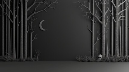 Dark forest scene with bare trees and a crescent moon, creating a mysterious and eerie atmosphere.