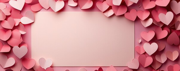 Paper hearts in various shades of pink and red on a soft pink background creating a romantic and heartfelt design
