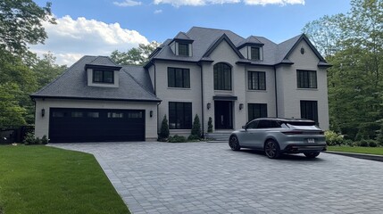 A sophisticated herringbone-patterned driveway in charcoal gray leads to a modern home, accented by a lush sunny front lawn that enhances its elegant appeal