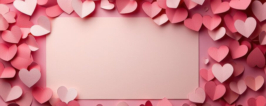 Paper hearts in various shades of pink and red on a soft pink background creating a romantic and heartfelt design