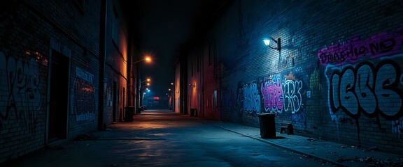 Fototapeta premium Mysterious Night Alleyway with Graffiti and Street Lamp