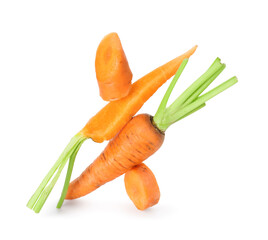 Whole and cut fresh carrots isolated on white