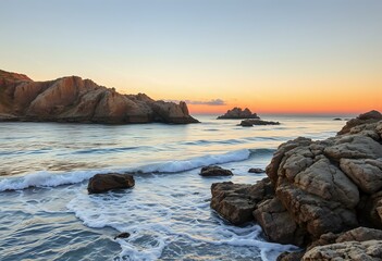 Serene Ocean Sunset at Peaceful Beach with Rocks