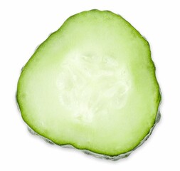 One piece of fresh cucumber isolated on white, top view