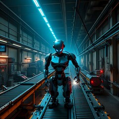 Futuristic Robot Standing on Train Track in Industrial Factory