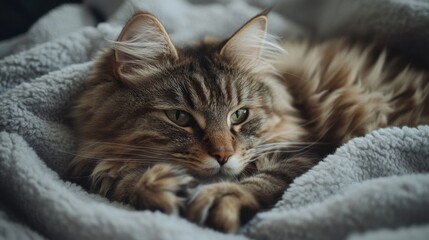Naklejka premium A fluffy cat lounging on a soft blanket, gazing lazily at the camera with its paws tucked under its chin.