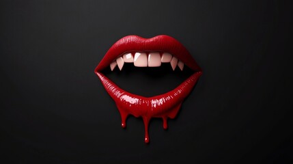 Naklejka premium Vampire lips with glossy red lipstick, fangs, and blood dripping against a black background.