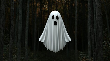 A spooky ghost figure floating among dark trees, creating an eerie atmosphere in the wilderness.