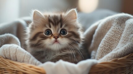 Obraz premium A fluffy kitten sitting in a basket, looking out with wide eyes as it is surrounded by soft blankets.