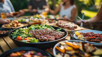 Grilled meat and fresh salads on an outdoor dinner table, people enjoying a BBQ.
