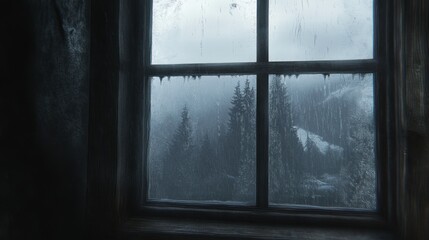 A foggy window in a cozy cabin, with condensation dripping down the glass on a rainy day.