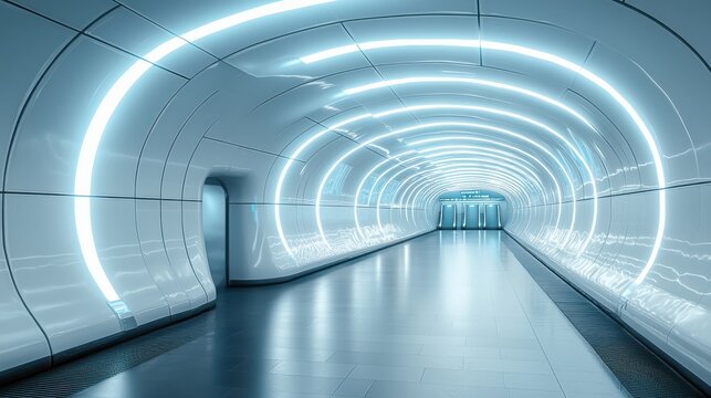 Futuristic subway station with a sleek glowing tunnel and modern architecture featuring bright white and blue lighting design