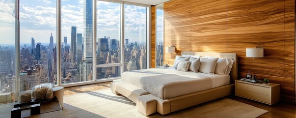 Panoramic modern bedroom with wooden wall panels, a neutral-toned bed, and city views through expansive windows
