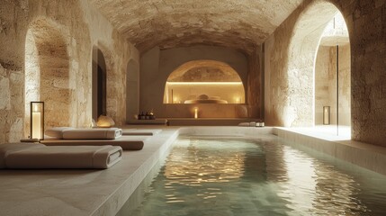 Luxury spa retreat with natural stone walls and tranquil pool, offering a serene escape for relaxation and wellness