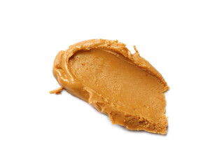 Smear of tasty peanut butter isolated on white, top view