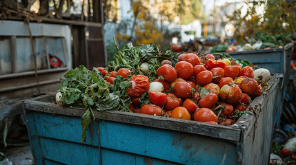 Spoiled vegetables discarded in a trash container, illustrating food waste and the need to reduce it.