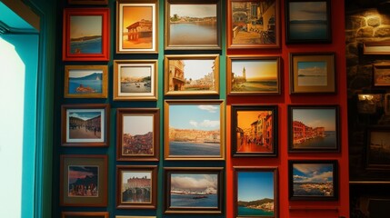A gallery-style arrangement of picture frames, showcasing travel photos from different countries.