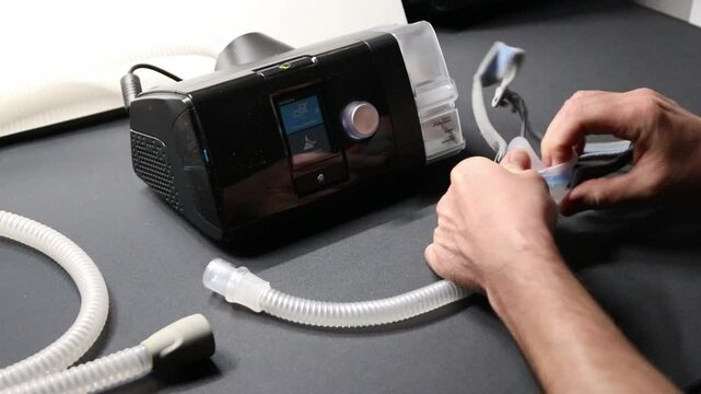 Male European with cpap machine checking therapy equipment like cpap filter or humidifier for health check and night preparation for innovative healthy sleep respiratory system with sleep apnea mask