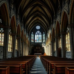 Fototapeta premium Serene Stained Glass Church Interior with Warm Light