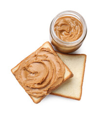 Peanut butter in jar and pieces of bread isolated on white, top view