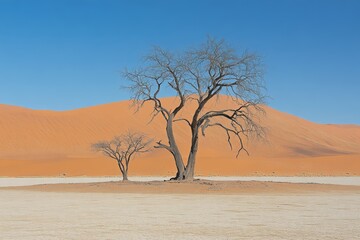Fototapeta premium Two bare trees rise majestically in the arid landscape of Namibia, surrounded by vibrant orange dunes and a bright blue sky