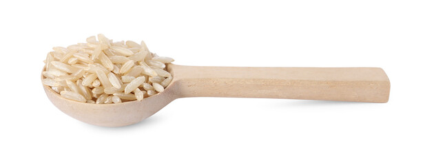 Raw rice in wooden spoon isolated on white