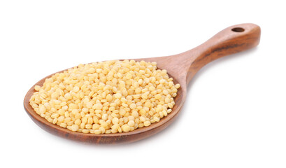 Raw couscous in wooden spoon isolated on white