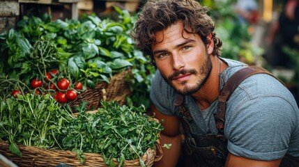 A young man tends to fresh vegetables in a bustling market surrounded by vibrant produce on a sunny afternoon