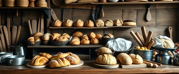 Naklejka premium Rustic Bakery Display Case with Freshly Baked Goods