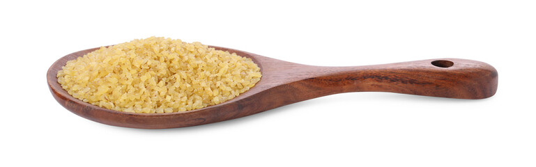 Raw bulgur in wooden spoon isolated on white