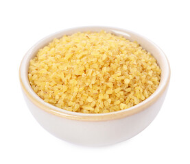 Raw bulgur in bowl isolated on white