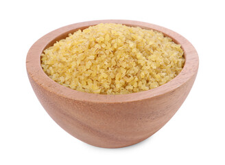 Raw bulgur in wooden bowl isolated on white