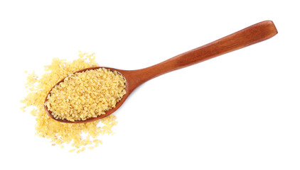 Raw bulgur in wooden spoon isolated on white, top view