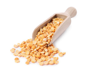Dried peas in wooden scoop isolated on white