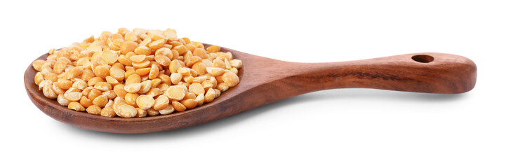 Dried peas in wooden spoon isolated on white