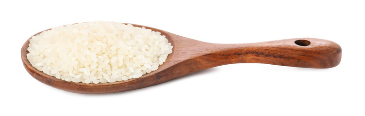 Raw rice in wooden spoon isolated on white