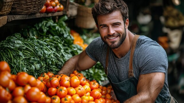 A friendly vendor smiles while arranging fresh tomatoes at a bustling outdoor market in the early morning sunshine