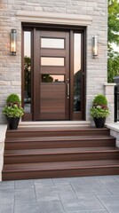 This elegant home entrance features modern wooden double doors framed by gray stone walls, adorned with decorative plants, and illuminated by LED lighting at dusk.