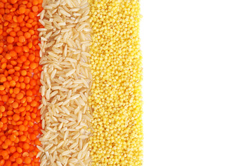 Different grains and cereals isolated on white, top view