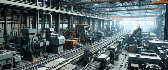 Fototapeta premium Bustling Industrial Factory Floor with Large Green Machine and Orange Tractor