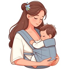 Flat style illustration of a baby nestled in a carrier on mom’s chest. Perfect for family and parenting-related designs. Warm and nurturing composition, ideal for showcasing mother-child bonding and