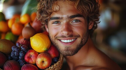 Young man smiling while holding a basket of fresh fruits in a vibrant market during a sunny day